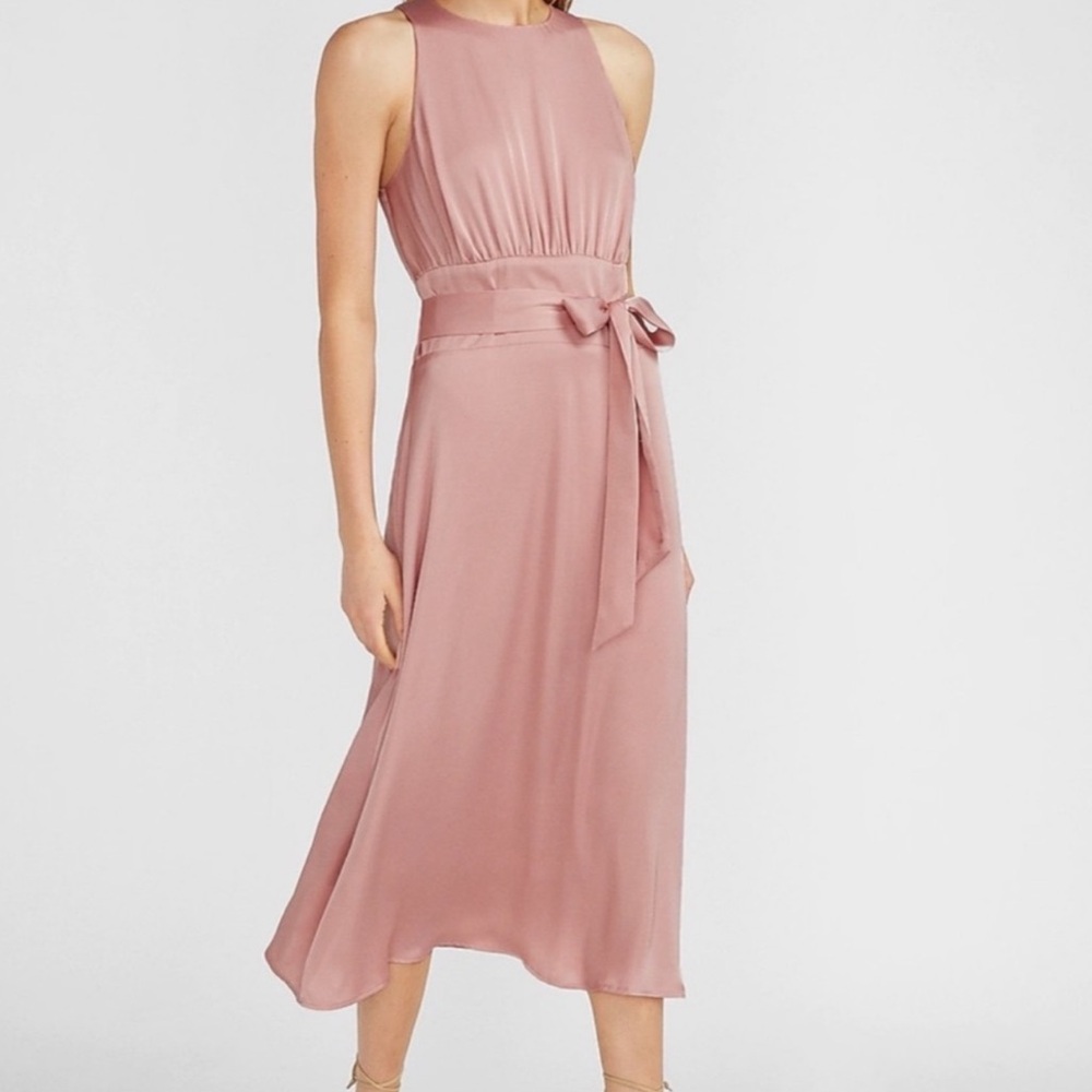 Express Satin Sash Tie Belt High Neck Midi‎ blush pink dress bridesmaid Size XS